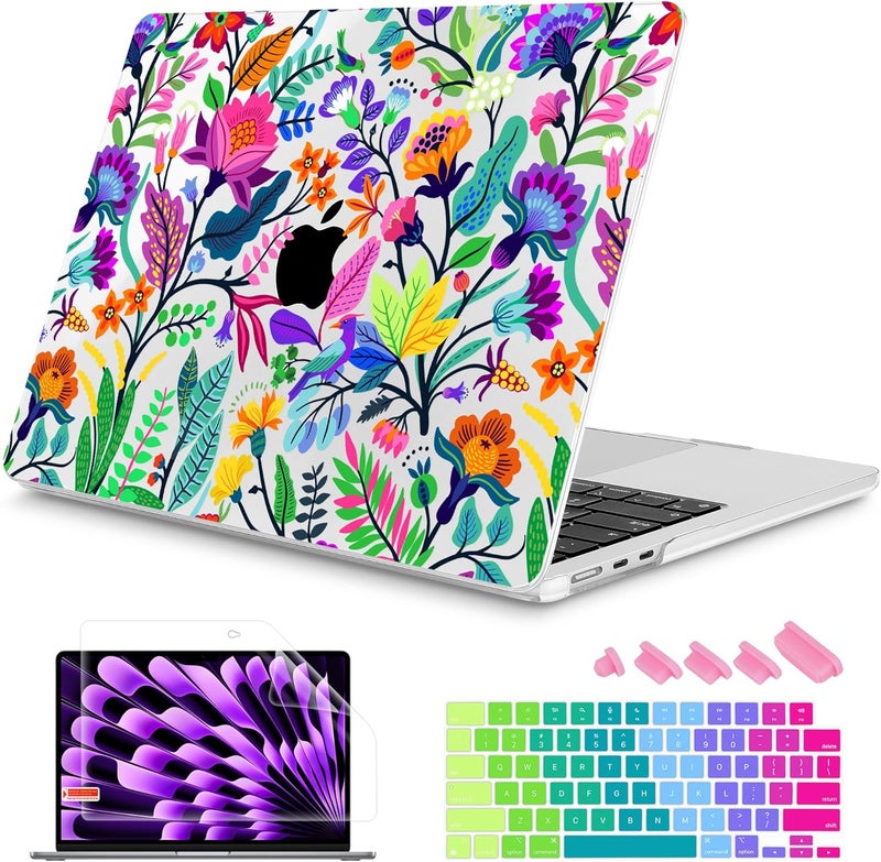 Mektron مصمم لجهاز MacBook Air 15 بوصة M4 A3241 /M3 A3114 /M2 A2941 لعام 2025/2024/2023، غلاف صلب بلاستيكي مطبوع مع شاشة Liquid Retina بحجم 15.3 بوصة وTouch ID، زهور ملونة زاهية - Image 1